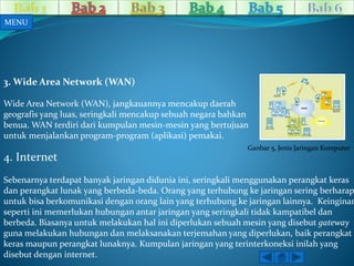 MENU 
3. Wide Area Network (WAN) 
Wide Area Network (WAN), jangkauannya mencakup daerah 
geografis yang luas, seringkali mencakup sebuah negara bahkan 
benua. WAN terdiri dari kumpulan mesin-mesin yang bertujuan 
untuk menjalankan program-program (aplikasi) pemakai. 
4. Internet 
Ganbar 5, Jenis Jaringan Komputer 
Sebenarnya terdapat banyak jaringan didunia ini, seringkali menggunakan perangkat keras 
dan perangkat lunak yang berbeda-beda. Orang yang terhubung ke jaringan sering berharap 
untuk bisa berkomunikasi dengan orang lain yang terhubung ke jaringan lainnya. Keinginan 
seperti ini memerlukan hubungan antar jaringan yang seringkali tidak kampatibel dan 
berbeda. Biasanya untuk melakukan hal ini diperlukan sebuah mesin yang disebut gateway 
guna melakukan hubungan dan melaksanakan terjemahan yang diperlukan, baik perangkat 
keras maupun perangkat lunaknya. Kumpulan jaringan yang terinterkoneksi inilah yang 
disebut dengan internet. 
 