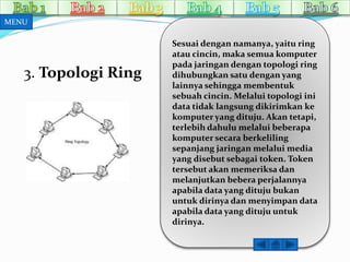3. Topologi Ring 
Sesuai dengan namanya, yaitu ring 
atau cincin, maka semua komputer 
pada jaringan dengan topologi ring 
dihubungkan satu dengan yang 
lainnya sehingga membentuk 
sebuah cincin. Melalui topologi ini 
data tidak langsung dikirimkan ke 
komputer yang dituju. Akan tetapi, 
terlebih dahulu melalui beberapa 
komputer secara berkeliling 
sepanjang jaringan melalui media 
yang disebut sebagai token. Token 
tersebut akan memeriksa dan 
melanjutkan bebera perjalannya 
apabila data yang dituju bukan 
untuk dirinya dan menyimpan data 
apabila data yang dituju untuk 
dirinya. 
MENU 
 