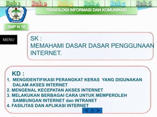MENU 
KD : 
SK : 
MEMAHAMI DASAR DASAR PENGGUNAAN 
INTERNET. 
1. MENGIDENTIFIKASI PERANGKAT KERAS YANG DIGUNAKAN 
DALAM AKSES INTERNET 
2. MENGENAL KECEPATAN AKSES INTERNET 
3. MELAKUKAN BERBAGAI CARA UNTUK MEMPEROLEH 
SAMBUNGAN INTERNET dan INTRANET 
4. FASILITAS DAN APLIKASI INTERNET 
 
