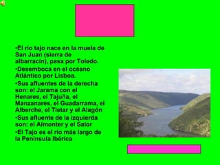 •El río tajo nace en la muela de
San Juan (sierra de
albarracín), pasa por Toledo.
•Desemboca en el océano
Atlántico por Lisboa.
•Sus afluentes de la derecha
son: el Jarama con el
Henares, el Tajuña, el
Manzanares, el Guadarrama, el
Alberche, el Tietar y el Alagón
•Sus afluente de la izquierda
son: el Almonter y el Salor
•El Tajo es el río más largo de
la Península Ibérica
 