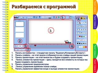 Пункт плана 1

Разбираемся с программой

Пункт плана 2
Пункт плана 3
Пункт плана 5

5.
6.
7.

Панель инструментов – стандартная панель “Вырезать/Копировать/Вставить”;
Панель слайдов – на этой панели отображаются все слайды нашей презентации;
Панель презентации – на этой панели мы и будем создавать презентацию;
Панель элементов презентации – здесь находятся все элементы из которых мы
будем создавать презентацию;
Панель управления предпросмотром;
Панель управления временем показа слайда;
Панель управления эффектам входа и выхода элементов презентации;

Пункт плана 4

1.
2.
3.
4.

 