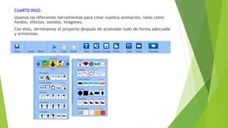 CUARTO PASO.
Usamos las diferentes herramientas para crear nuestra animación, tales como
fondos, efectos, sonidos, imágenes.
Con esto, terminamos el proyecto después de acomodar todo de forma adecuada
y armoniosa.
 