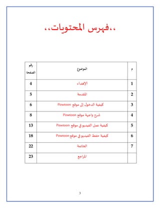 3
،،‫املحتويات‬ ‫فهرس‬،،
‫م‬‫الموضوع‬
‫رقم‬
‫الصفح‬‫ة‬
1‫إلاهداء‬4
2‫املقدمة‬5
3Powtoon ‫موقع‬ ‫إلى‬ ‫ل‬‫الدخو‬ ‫كيفية‬6
4Powtoon ‫موقع‬ ‫واجهة‬ ‫شرح‬8
5Powtoon ‫موقع‬ ‫في‬‫الفيديو‬ ‫عمل‬ ‫كيفية‬13
6Powtoon ‫حفظ‬ ‫كيفية‬‫موقع‬ ‫في‬‫الفيديو‬18
7‫الخاتمة‬22
‫اجع‬‫ر‬‫امل‬23
 