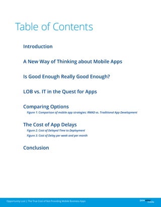 Opportunity Lost | The True Cost of Not Providing Mobile Business Apps
Introduction
A New Way of Thinking about Mobile Apps
Is Good Enough Really Good Enough?
LOB vs. IT in the Quest for Apps
Comparing Options
Figure 1: Comparison of mobile app strategies: RMAD vs. Traditional App Development
The Cost of App Delays
Figure 2: Cost of Delayed Time to Deployment
Figure 3: Cost of Delay per week and per month
Conclusion
Table of Contents
 