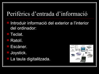 Perifèrics d’entrada d’informació Introduir informació del exterior a l’interior del ordinador: Teclat. Ratolí. Escàner. Joystick. La taula digitalitzada. 