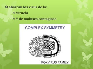 Abarcan los virus de la:
Viruela
Y de molusco contagioso

 
