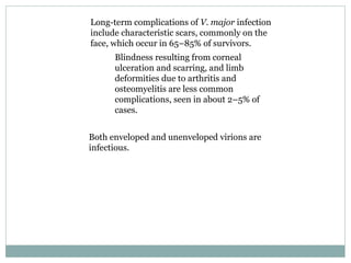 Long-term complications of  V. major  infection include characteristic scars, commonly on the face, which occur in 65–85% of survivors. Blindness resulting from corneal ulceration and scarring, and limb deformities due to arthritis and osteomyelitis are less common complications, seen in about 2–5% of cases. Both enveloped and unenveloped virions are infectious. 