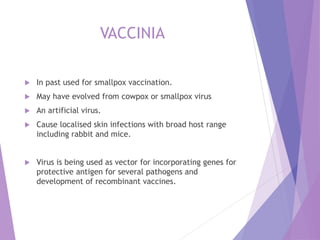 VACCINIA
 In past used for smallpox vaccination.
 May have evolved from cowpox or smallpox virus
 An artificial virus.
 Cause localised skin infections with broad host range
including rabbit and mice.
 Virus is being used as vector for incorporating genes for
protective antigen for several pathogens and
development of recombinant vaccines.
 
