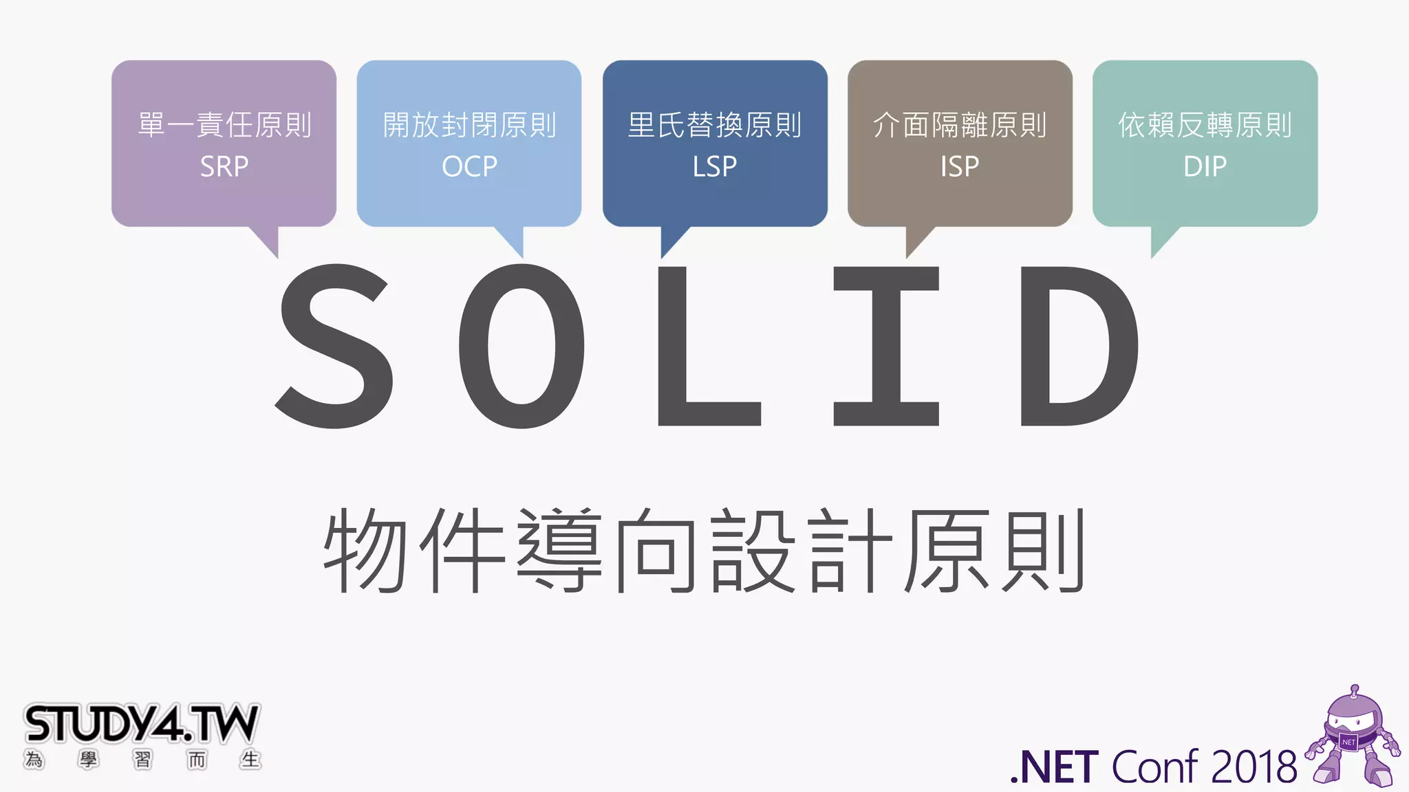 單一責任原則
SRP
開放封閉原則
OCP
里氏替換原則
LSP
介面隔離原則
ISP
依賴反轉原則
DIP
 