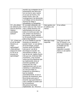 32
reunión voy a empezar con la
presentación que tiene que
ver con las tic, pero, bueno,
no es que sé mucho y me
animo mucho, pero, las
contingencias y las demandas
y el trabajo con los docentes y
alumnos te obliga a
actualizarte y a manejarlas.
C3. ¿Se utilizan
las netbook para
que los alumnos
realicen
actividades
áulicas?
Sí, se están utilizando y de
hecho cada vez más, hace un
mes y medio tenemos una
administradora de red que
está a la noche que saca las
net, presta a los alumnos y
las guarda, y tener netbook
en la escuela facilita la tarea y
más si hay internet.
Hace gestos con
la cabeza y las
manos.
Si se utilizan.
C3. ¿Crees que
el uso de ellas
llevará a un
mejor
aprendizaje?
¿Qué piensas
acerca de incluir
la TIC en el
proceso de
aprendizaje?
Sí, en la medida en que los
docentes se capaciten y
puedan hacer un uso óptimo
de la tecnología, porque
muchas veces el profesor
cree que el uso de la
tecnología es escribir los
documentos en Word, y el
uso de las net implica mucho
más que eso. Entonces falta
muchísimo, y hay muchas
veces que los programas que
se implementan como el
Conectar igualdad, que
incluye las net y hay
capacitaciones, pero no son
metódicas ni sistemáticas, y
se cree que bajar un
programa es automático y
que se traslada
automáticamente el uso al
proceso de enseñanza, pero
lleva tiempo para que el
docente vaya aprendiendo a
usar y también lo pueda usar
en la enseñanza.
Me parece buenísimo
implementar las TIC en el
Mira lejos luego
responde.
Cree que el uso de
las TIC llevará a un
mejor aprendizaje, en
la medida que los
docentes se
capaciten y puedan
hacer un uso óptimo
de ellas.
 