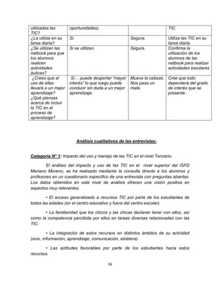 36
utilizadas las
TIC?
oportunidades). TIC.
¿La utiliza en su
tarea diaria?
Si. Segura. Utiliza las TIC en su
tarea diaria.
¿Se utilizan las
netbook para que
los alumnos
realicen
actividades
áulicas?
Si se utilizan. Segura. Confirma la
utilización de los
alumnos de las
netbook para realizar
actividades escolares
¿Crees que el
uso de ellas
llevará a un mejor
aprendizaje?
¿Qué piensas
acerca de incluir
la TIC en el
proceso de
aprendizaje?
Si… puede despertar “mayor
interés” lo que luego puede
conducir sin duda a un mejor
aprendizaje.
Mueve la cabeza.
Nos pasa un
mate.
Cree que todo
dependerá del grado
de interés que se
presente.
Análisis cualitativos de las entrevistas:
Categoría N° 1: Impacto del uso y manejo de las TIC en el nivel Terciario.
El análisis del impacto y uso de las TIC en el nivel superior del ISFD
Mariano Moreno, se ha realizado mediante la consulta directa a los alumnos y
profesores en un cuestionario específico de una entrevista con preguntas abiertas.
Los datos obtenidos en este nivel de análisis ofrecen una visión positiva en
aspectos muy relevantes:
• El acceso generalizado a recursos TIC por parte de los estudiantes de
todas las edades (en el centro educativo y fuera del centro escolar).
• La familiaridad que los chicos y las chicas declaran tener con ellos, así
como la competencia percibida por ellos en tareas diversas relacionadas con las
TIC.
• La integración de estos recursos en distintos ámbitos de su actividad
(ocio, información, aprendizaje, comunicación, etcétera).
• Las actitudes favorables por parte de los estudiantes hacia estos
recursos.
 