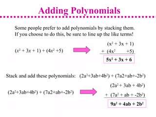 Some people prefer to add polynomials by stacking them.
If you choose to do this, be sure to line up the like terms!
Adding Polynomials
(x2
+ 3x + 1) + (4x2
+5)
5x2
+ 3x + 6
(x2
+ 3x + 1)
+ (4x2
+5)
Stack and add these polynomials: (2a2
+3ab+4b2
) + (7a2+ab+-2b2
)
(2a2
+3ab+4b2
) + (7a2+ab+-2b2
)
(2a2
+ 3ab + 4b2
)
+ (7a2
+ ab + -2b2
)
9a2
+ 4ab + 2b2
 