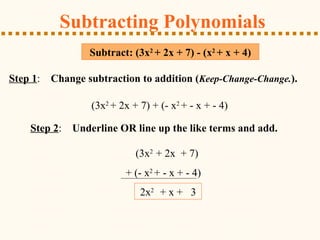 Subtract: (3x2
+ 2x + 7) - (x2
+ x + 4)
Subtracting Polynomials
Step 1: Change subtraction to addition (Keep-Change-Change.).
Step 2: Underline OR line up the like terms and add.
(3x2
+ 2x + 7) + (- x2
+ - x + - 4)
(3x2
+ 2x + 7)
+ (- x2
+ - x + - 4)
2x2
+ x + 3
 