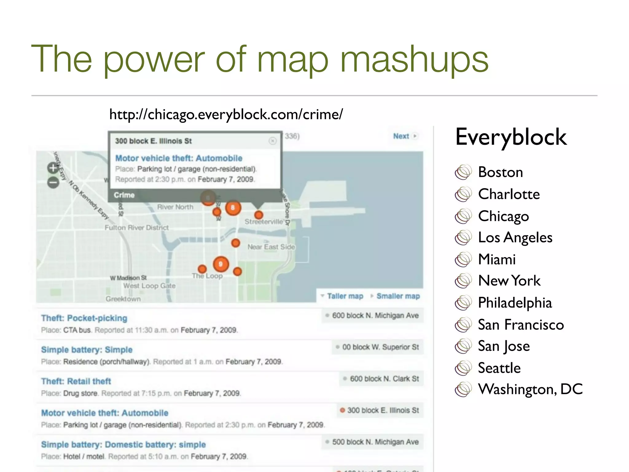 The power of map mashups
    http://chicago.everyblock.com/crime/
                                           Everyblock
                                             Boston
                                             Charlotte
                                             Chicago
                                             Los Angeles
                                             Miami
                                             New York
                                             Philadelphia
                                             San Francisco
                                             San Jose
                                             Seattle
                                             Washington, DC
 