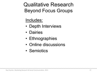 Qualitative Research
Beyond Focus Groups
Includes:
•  Depth Interviews
•  Dairies
•  Ethnographies
•  Online discussions
•  Semiotics
Ray	
  Poynter,	
  Marke/ng	
  Research	
  &	
  Social	
  Communica/on,	
  2015	
   27	
  
 