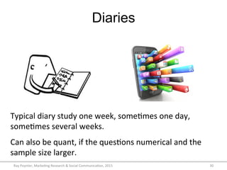 Diaries
Ray	
  Poynter,	
  Marke/ng	
  Research	
  &	
  Social	
  Communica/on,	
  2015	
   30	
  
Typical	
  diary	
  study	
  one	
  week,	
  some/mes	
  one	
  day,	
  
some/mes	
  several	
  weeks.	
  
Can	
  also	
  be	
  quant,	
  if	
  the	
  ques/ons	
  numerical	
  and	
  the	
  
sample	
  size	
  larger.	
  
 