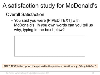 A satisfaction study for McDonald’s
Overall Satisfaction
– You said you were [PIPED TEXT] with
McDonald’s. In you own words can you tell us
why, typing in the box below?
Ray Poynter, Marketing Research & Social Communication, 2015 15
PIPED TEXT is the option they picked in the previous question, e.g. “Very Satisfied”
 