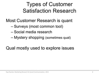 Types of Customer
Satisfaction Research
Most Customer Research is quant
– Surveys (most common tool)
– Social media research
– Mystery shopping (sometimes qual)
Qual mostly used to explore issues
Ray Poynter, Marketing Research & Social Communication, 2015 8
 