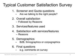 Typical Customer Satisfaction Survey
1. Screener and Quota questions
– Are we talking to the right people?
2. Overall satisfaction
– Followed by Reasons
3. Services/features used
4. Satisfaction with services/features
– Reasons
5. Demographics
– B2B, firmographics or corpographics
6. Final questions
– e.g. comments on survey
Ray Poynter, Marketing Research & Social Communication, 2015 9
 