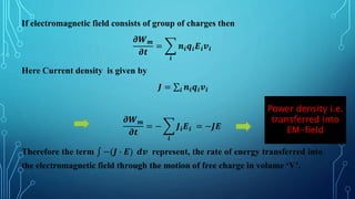 If electromagnetic field consists of group of charges then
𝝏𝑾𝒎
𝝏𝒕
=
𝒊
𝒏𝒊𝒒𝒊𝑬𝒊𝒗𝒊
Here Current density is given by
𝑱 = 𝒊 𝒏𝒊𝒒𝒊𝒗𝒊
𝝏𝑾𝒎
𝝏𝒕
= −
𝒊
𝑱𝒊𝑬𝒊 = −𝑱𝑬
Therefore the term −(𝑱 ∙ 𝑬) 𝒅𝒗 represent, the rate of energy transferred into
the electromagnetic field through the motion of free charge in volume ‘V’.
Power density i.e.
transferred into
EM-field
 