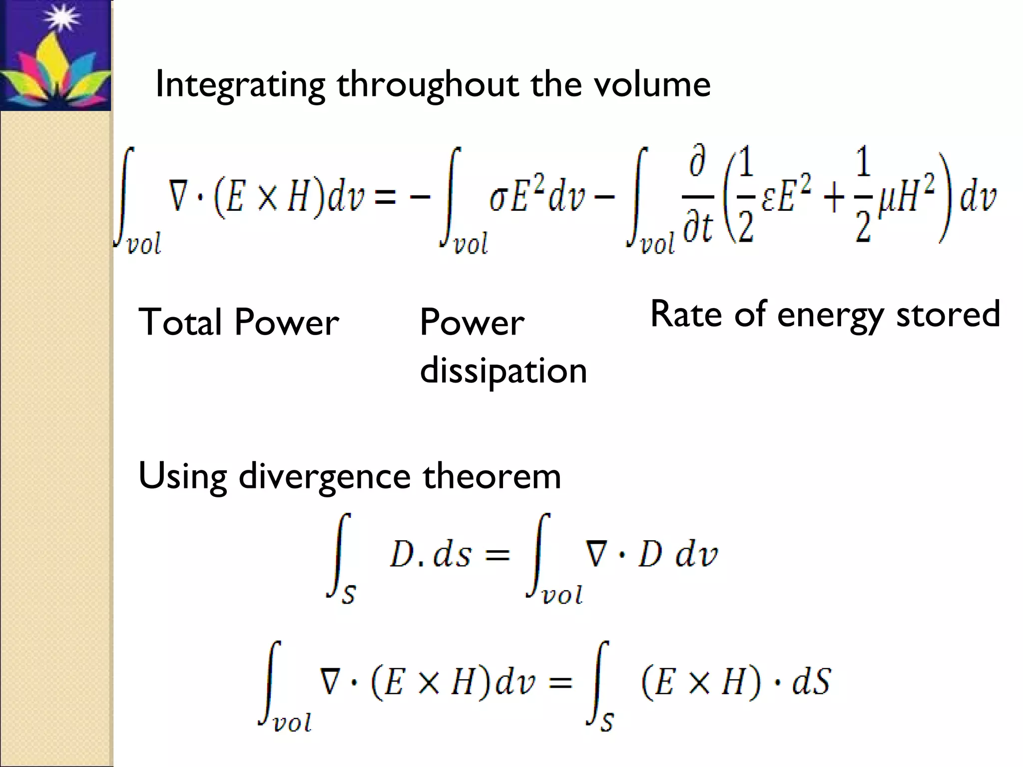 Integrating throughout the volume
Total Power Power
dissipation
Rate of energy stored
Using divergence theorem