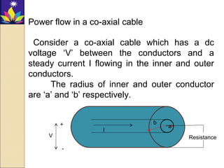 Power flow in a co-axial cable
Consider a co-axial cable which has a dc
voltage ‘V’ between the conductors and a
steady current I flowing in the inner and outer
conductors.
The radius of inner and outer conductor
are ‘a’ and ‘b’ respectively.
b
a
I
ResistanceV
+
-
 