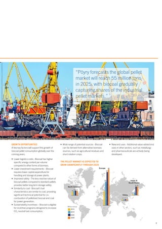 3
North America
Europe
4
5 15
25
35
1
1
2012
2015
2020
China
Japan &
South Korea
3
9
2025
55
38
1 1 1
9
“Pöyry forecasts the global pellet
market will reach 55 million tons
in 2025, with biocoal gradually
capturing shares of the industrial
pellet markets.”
GROWTH OPPORTUNITIES
A few key factors will support the growth of
biocoal pellet consumption globally over the
coming years:
•	 Lower logistics costs - Biocoal has higher
specific energy content per volume
compared to other forms of biomass.
•	 Lower investment requirements – Biocoal
requires lower capital expenditure for
handling and storage at power plants.
•	 Improved safety - The less reactive nature of
biocoal pellets compared to standard pellets
provides better long term storage safety.
•	 Similarity to coal - Biocoal’s fuel
characteristics are similar to coal, providing
significant technical potential for co-
combustion of pelletised biocoal and coal
for power generation.
•	 Sustainability incentives – Biocoal is eligible
for incentive programs designed to increase
CO2
neutral fuel consumption.
•	 Wide range of potential sources - Biocoal
can be derived from alternative biomass
sources, such as agricultural residues and
short rotation crops.
THE PELLET MARKET IS EXPECTED TO
GROW SIGNIFICANTLY THROUGH 2020
•	 New end uses - Additional value-added end
uses in other sectors, such as metallurgy
and pharmaceuticals are actively being
developed.
Million tons/a
 