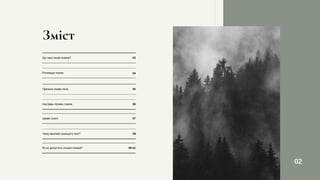 Що таке лісові пожежі? 03
Зміст
Різновиди пожеж 04
Причини появи лиха 05
Наслідки лісових пожеж 06
Цікаво знати 07
02
Чому важливо захищати ліси? 08
Як не допустити лісової пожежі? 09-10
 