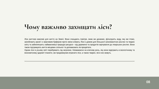 08
Чому важливо захищати ліси?
Ліси життєво важливі для життя на Землі. Вони очищають повітря, яким ми дихаємо, фільтрують воду, яку ми п'ємо,
запобігають ерозії і є важливим буфером проти зміни клімату. Ліси є домом для більшості різноманітних рослин та тварин
світу та забезпечують найважливіші природні ресурси – від деревини та продуктів харчування до лікарських рослин. Вони
також підтримують життя місцевих спільнот та допомагають їм процвітати.
Однак ліси в усьому світі перебувають під загрозою. Незважаючи на ключову роль, яку вони відіграють в екологічному та
економічному здоров'ї планети, ми продовжуємо втрачати ліси, а також тварин, які в них живуть.
 