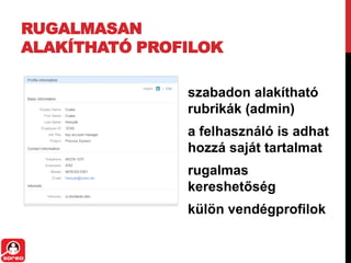 RUGALMASAN
ALAKÍTHATÓ PROFILOK

               szabadon alakítható
               rubrikák (admin)
               a felhasználó is adhat
               hozzá saját tartalmat
               rugalmas
               kereshetőség
               külön vendégprofilok
 