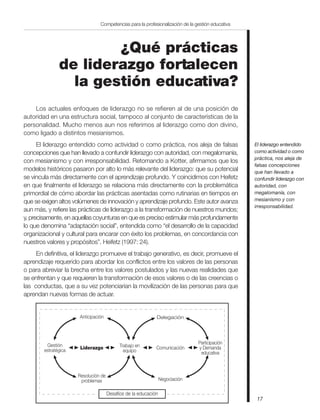 ¿Qué prácticas
de liderazgo fortalecen
la gestión educativa?
Los actuales enfoques de liderazgo no se refieren al de una posición de
autoridad en una estructura social, tampoco al conjunto de características de la
personalidad. Mucho menos aun nos referimos al liderazgo como don divino,
como ligado a distintos mesianismos.
El liderazgo entendido como actividad o como práctica, nos aleja de falsas
concepciones que han llevado a confundir liderazgo con autoridad, con megalomanía,
con mesianismo y con irresponsabilidad. Retomando a Kotter, afirmamos que los
modelos históricos pasaron por alto lo más relevante del liderazgo: que su potencial
se vincula más directamente con el aprendizaje profundo. Y coincidimos con Heifetz
en que finalmente el liderazgo se relaciona más directamente con la problemática
primordial de cómo abordar las prácticas asentadas como rutinarias en tiempos en
que se exigen altos volúmenes de innovación y aprendizaje profundo. Este autor avanza
aun más, y refiere las prácticas de liderazgo a la transformación de nuestros mundos;
y, precisamente, en aquellas coyunturas en que es preciso estimular más profundamente
lo que denomina “adaptación social”, entendida como “el desarrollo de la capacidad
organizacional y cultural para encarar con éxito los problemas, en concordancia con
nuestros valores y propósitos”. Heifetz (1997: 24).
En definitiva, el liderazgo promueve el trabajo generativo, es decir, promueve el
aprendizaje requerido para abordar los conflictos entre los valores de las personas
o para abreviar la brecha entre los valores postulados y las nuevas realidades que
se enfrentan y que requieren la transformación de esos valores o de las creencias o
las conductas, que a su vez potenciarían la movilización de las personas para que
aprendan nuevas formas de actuar.
Liderazgo
Negociación
Anticipación
Resolución de
problemas
Delegación
Participación
y Demanda
educativa
ComunicaciónGestión
estratégica
Trabajo en
equipo
Desafíos de la educación
17
Competencias para la profesionalización de la gestión educativa
El liderazgo entendido
como actividad o como
práctica, nos aleja de
falsas concepciones
que han llevado a
confundir liderazgo con
autoridad, con
megalomanía, con
mesianismo y con
irresponsabilidad.
 