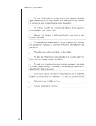 24
Delegación: ¿Comó delegar?
No deje de plantear su parecer; comunique su punto de vista,
pero abra los espacios de autonomía y de libertad sobre los caminos
a considerar para encarar los proyectos delegados.
No todo se resuelve de una sola vez: otorgue tiempo para su
construcción, vaya paso a paso.
Marque “su” tiempo, el de la organización, qué espera, para
cuándo, etcétera.
En esta etapa de concertación no pierda el norte en los procesos
de delegación, regrese a la situación de futuro y a los objetivos del
proyecto.
Abra el espacio a la creatividad y la diversidad.
No deje de establecer puertas abiertas a la consulta sobre los
avances o las situaciones problemáticas.
Acuerde los momentos de retroalimentación en etapas intermedias
o finales, según lo haya considerado en las etapas previas de la
planificación de la delegación.
Comunique logros, no deje de realizar balance de lo realizado,
valore los esfuerzos y los procesos; y no sólo los logros mismos.
Reconozca sus posibles errores.
Impulse espacios de reflexión.
 