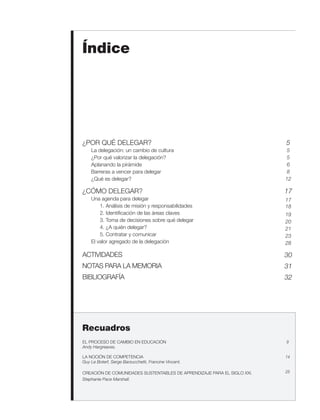 5
5
5
6
8
12
17
17
18
19
20
21
23
28
30
31
32
EL PROCESO DE CAMBIO EN EDUCACIÓN
Andy Hargreaves.
LA NOCIÓN DE COMPETENCIA
Guy Le Boterf, Serge Barzucchetti, Francine Vincent.
CREACIÓN DE COMUNIDADES SUSTENTABLES DE APRENDIZAJE PARA EL SIGLO XXI.
Stephanie Pace Marshall.
¿POR QUÉ DELEGAR?
La delegación: un cambio de cultura
¿Por qué valorizar la delegación?
Aplanando la pirámide
Barreras a vencer para delegar
¿Qué es delegar?
¿CÓMO DELEGAR?
Una agenda para delegar
1. Análisis de misión y responsabilidades
2. Identificación de las áreas claves
3. Toma de decisiones sobre qué delegar
4. ¿A quién delegar?
5. Contratar y comunicar
El valor agregado de la delegación
ACTIVIDADES
NOTAS PARA LA MEMORIA
BIBLIOGRAFÍA
Índice
9
14
25
Recuadros
 