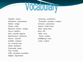Valuable – valioso                Seasoning – condimento
Settlement – asentamiento          Purchased – purchase - comprar
Shelter – refugio                 Groceries – provisiones
Hamlet – aldea                    Raised – criado (criar)
Bestowed – bestow – otorgar       Rush – apuro, prisa
Due to – debido a                 Rows - fila
Deal – acuerdo, negociar          Bulls – toros
Blast furnaces – alto horno        Wood – madera
Narrow – estrecho                 Bullfighting - toreo
Scaffold – andamio                Lamb – cordero
Fit – en forma, sano
Glides - deslizarse
Promenade – paseo
Trail – huellas
Cliffs – precipicio, acantilado
Slightly – ligeramente
Harvesting – harvest - cosechar
 