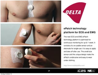 ePatch technology
                            plat form for ECG and EMG
                            The new ECG and EMG ePatch
                            technology platform is optimised for
                            continuous monitoring for up to 1 week. It
                            consists of a re-usable sensor and an
                            electrode for single-use. It is easy to apply
                            and take off after use. The small size
                            sensor and the unique design make the
                            ePatch unobtrusive and easy to wear
                            under clothing.

                            http://www.madebydelta.com/


                       29
dinsdag 9 oktober 12
 