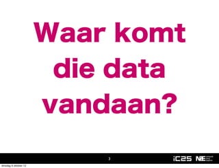 Waar komt
                        die data
                       vandaan?

                           3
dinsdag 9 oktober 12
 