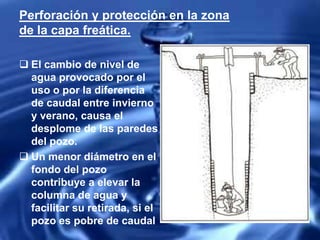 Perforación y protección en la zona
de la capa freática.
 El cambio de nivel de
agua provocado por el
uso o por la diferencia
de caudal entre invierno
y verano, causa el
desplome de las paredes
del pozo.
 Un menor diámetro en el
fondo del pozo
contribuye a elevar la
columna de agua y
facilitar su retirada, si el
pozo es pobre de caudal
 