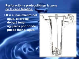 Perforación y protección en la zona
de la capa freática.
En el nacimiento del
agua, el brocal
deberá tener
agujeros por donde
pueda fluir el agua.
 