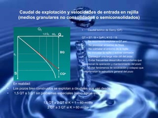 Caudal de explotación y velocidades de entrada en rejilla
(medios granulares no consolidados o semiconsolidados)
• Caudal teórico de Darcy (QT)
QT = ST / B = 2pR L K1/2 / 15
• Se recomienda explotar a QT por:
 No provocar arrastres de finos
 No colmatar el entorno de la rejilla
 No incrustar la rejilla o activar corrosión
 Conseguir una larga vida útil del pozo
 Evitar frecuentes desarrollos secundarios que
encarezcan la operación y mantenimiento del pozo
 Evitar fenómenos de socavación y colapso que
comprometan la estructura general del pozo
• En realidad:
• Los pozos bien construidos se explotan a caudales que van desde
• 1,5 QT a 3 QT sin problemas especiales (salvo aguas incrustantes)
1,5 QT a 2 QT si K = 1 – 60 m/día
2 QT a 3 QT si K > 60 m/día
 