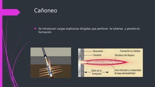 Cañoneo
 Se introducen cargas explosivas dirigidas que perforan la tuberias y penetra la
formación
 