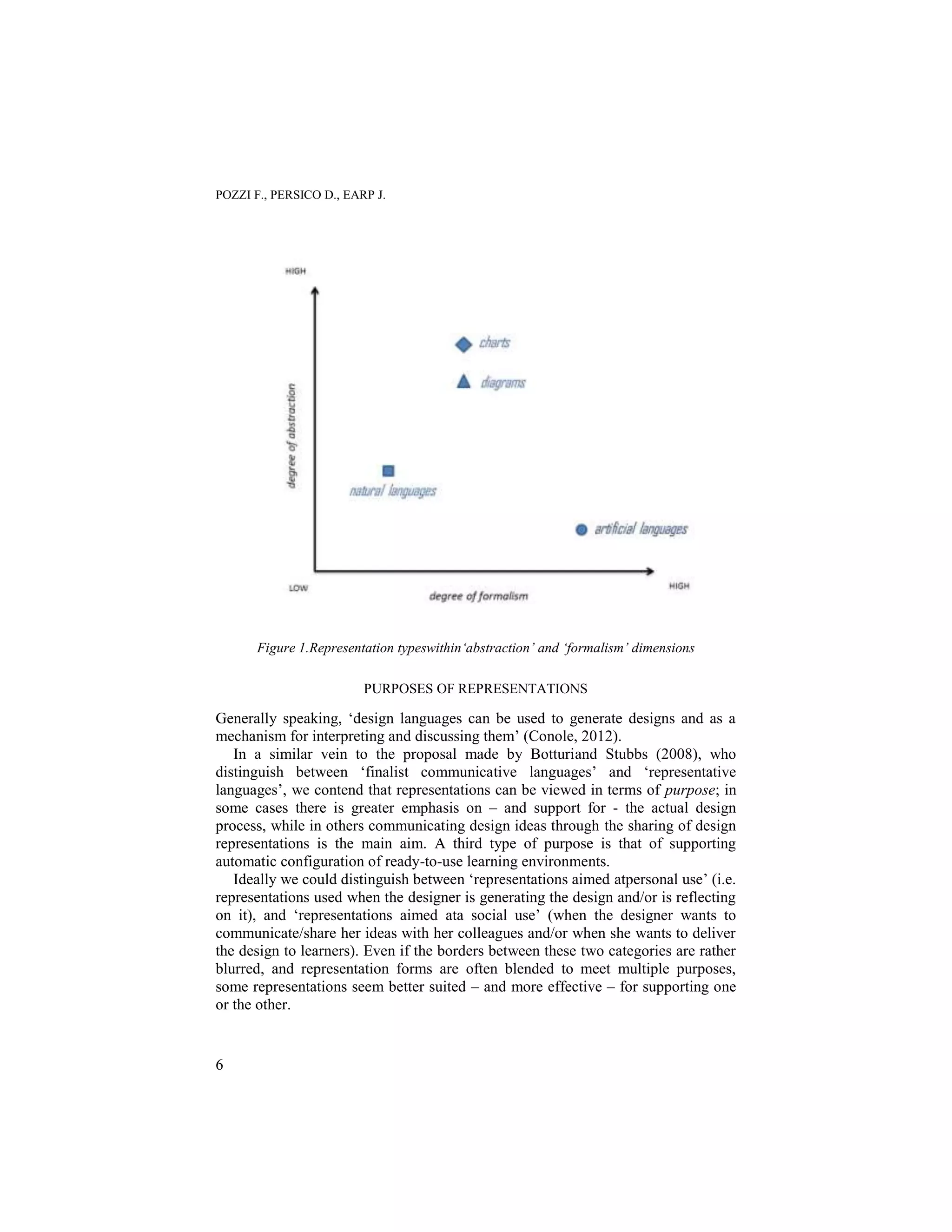 POZZI F., PERSICO D., EARP J.




       Figure 1.Representation typeswithin‘abstraction’ and ‘formalism’ dimensions

                         PURPOSES OF REPRESENTATIONS

Generally speaking, „design languages can be used to generate designs and as a
mechanism for interpreting and discussing them‟ (Conole, 2012).
   In a similar vein to the proposal made by Botturiand Stubbs (2008), who
distinguish between „finalist communicative languages‟ and „representative
languages‟, we contend that representations can be viewed in terms of purpose; in
some cases there is greater emphasis on – and support for - the actual design
process, while in others communicating design ideas through the sharing of design
representations is the main aim. A third type of purpose is that of supporting
automatic configuration of ready-to-use learning environments.
   Ideally we could distinguish between „representations aimed atpersonal use‟ (i.e.
representations used when the designer is generating the design and/or is reflecting
on it), and „representations aimed ata social use‟ (when the designer wants to
communicate/share her ideas with her colleagues and/or when she wants to deliver
the design to learners). Even if the borders between these two categories are rather
blurred, and representation forms are often blended to meet multiple purposes,
some representations seem better suited – and more effective – for supporting one
or the other.


6
 