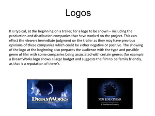 Logos
It is typical, at the beginning on a trailer, for a logo to be shown – including the
production and distribution companies that have worked on the project. This can
effect the viewers immediate judgment on the trailer as they may have previous
opinions of these companies which could be either negative or positive. The showing
of the logo at the beginning also prepares the audience with the type and possible
genre of film with some companies being associated with certain genres (for example
a DreamWorks logo shows a large budget and suggests the film to be family friendly,
as that is a reputation of there's.
 