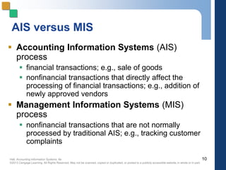 Hall, Accounting Information Systems, 8e
©2013 Cengage Learning. All Rights Reserved. May not be scanned, copied or duplicated, or posted to a publicly accessible website,in whole or in part.
AIS versus MIS
 Accounting Information Systems (AIS)
process
 financial transactions; e.g., sale of goods
 nonfinancial transactions that directly affect the
processing of financial transactions; e.g., addition of
newly approved vendors
 Management Information Systems (MIS)
process
 nonfinancial transactions that are not normally
processed by traditional AIS; e.g., tracking customer
complaints
10
 