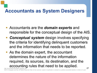 Hall, Accounting Information Systems, 8e
©2013 Cengage Learning. All Rights Reserved. May not be scanned, copied or duplicated, or posted to a publicly accessible website,in whole or in part.
Accountants as System Designers
 Accountants are the domain experts and
responsible for the conceptual design of the AIS.
 Conceptual system design involves specifying
the criteria for identifying delinquent customers
and the information that needs to be reported.
 As the domain expert, the accountant
determines the nature of the information
required, its sources, its destination, and the
accounting rules that need to be applied. 27
 