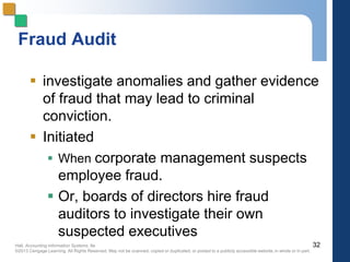 Hall, Accounting Information Systems, 8e
©2013 Cengage Learning. All Rights Reserved. May not be scanned, copied or duplicated, or posted to a publicly accessible website,in whole or in part.
Fraud Audit
 investigate anomalies and gather evidence
of fraud that may lead to criminal
conviction.
 Initiated
 When corporate management suspects
employee fraud.
 Or, boards of directors hire fraud
auditors to investigate their own
suspected executives
32
 