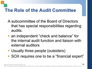 Hall, Accounting Information Systems, 8e
©2013 Cengage Learning. All Rights Reserved. May not be scanned, copied or duplicated, or posted to a publicly accessible website,in whole or in part.
The Role of the Audit Committee
A subcommittee of the Board of Directors
that has special responsibilities regarding
audits.
 an independent “check and balance” for
the internal audit function and liaison with
external auditors
 Usually three people (outsiders)
 SOX requires one to be a “financial expert”
33
 