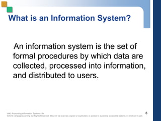 Hall, Accounting Information Systems, 8e
©2013 Cengage Learning. All Rights Reserved. May not be scanned, copied or duplicated, or posted to a publicly accessible website,in whole or in part.
What is an Information System?
An information system is the set of
formal procedures by which data are
collected, processed into information,
and distributed to users.
6
 