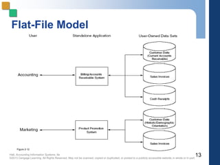 Hall, Accounting Information Systems, 8e
©2013 Cengage Learning. All Rights Reserved. May not be scanned, copied or duplicated, or posted to a publicly accessible website,in whole or in part.
13
Figure 2-12
Flat-File Model
 