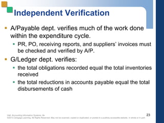 Hall, Accounting Information Systems, 8e
©2013 Cengage Learning. All Rights Reserved. May not be scanned, copied or duplicated, or posted to a publicly accessible website, in whole or in part.
Independent Verification
 A/Payable dept. verifies much of the work done
within the expenditure cycle.
 PR, PO, receiving reports, and suppliers’ invoices must
be checked and verified by A/P.
 G/Ledger dept. verifies:
 the total obligations recorded equal the total inventories
received
 the total reductions in accounts payable equal the total
disbursements of cash
23
 