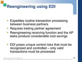 Hall, Accounting Information Systems, 8e
©2013 Cengage Learning. All Rights Reserved. May not be scanned, copied or duplicated, or posted to a publicly accessible website, in whole or in part.
Reengineering using EDI
 Expedites routine transaction processing
between business partners
 Requires trading partner agreement
 Reengineering receiving function and the AP
tasks produce considerable cost savings
 EDI poses unique control risks that must be
recognized and controlled – only valid
transactions must be processed
33
 